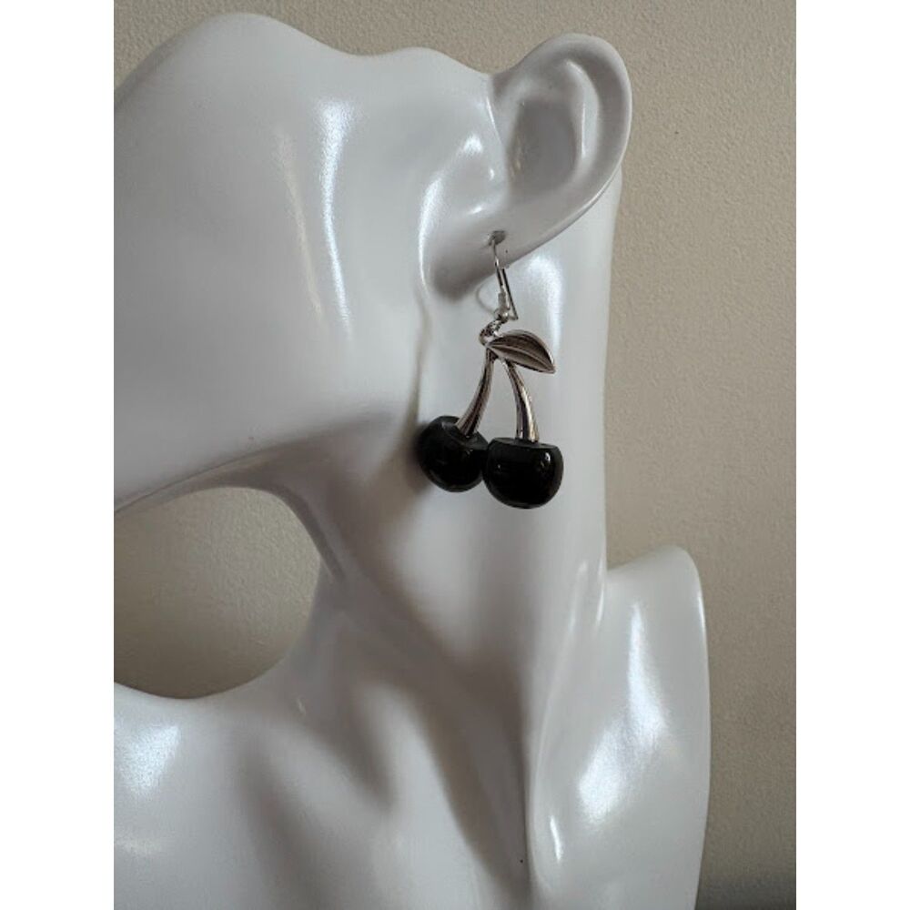 Black Cherry Dangle Earrings – Silver Tone
